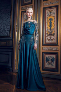 A-Line Satin Elegance with Beaded Silhouette Sleeves