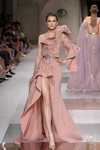 One-Shoulder Embellished Gown with Ruffled Sleeve and Embroidered Detailing