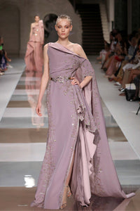 One-Shoulder Embellished Gown with Draped Sleeve, High Slit and Geometric Detailing