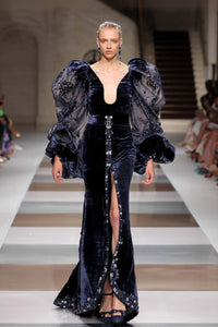Deep V-Neck Velvet Gown with Embroidered Sheer Puff Sleeves, High Slit and Belted Waist