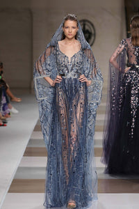 Sheer Embellished Gown with Deep V-Neckline, Floor-Length Sleeves, High Slit and Belted Waist