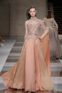 One-Sleeve Gown with Embroidered Bodice, Cape Detail and Flowing A-Line Skirt