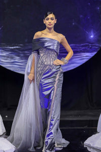 Off-Shoulder Gown with Geometric Beadwork and Flowing Cape Train