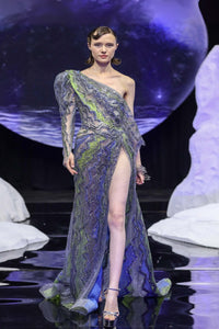 One-Shoulder Tulle Gowns with High Slit