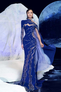 One-Shoulder Gown with Sheer Panels and Lightning Beaded Embellishments