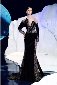 Asymmetrical Velvet Gown with Sheer Panels and Lightning Beaded Detailing
