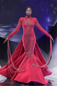 High-Neck Mermaid Gown with Beaded Embellishments and Dramatic Train