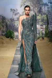 One-shoulder mermaid gown with high slit and silver embroidery