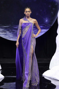 One-Shoulder Draped Gown with Beaded Sheer Panels and High Slit