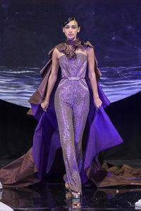 Sequin Strapless Jumpsuit with Dramatic Ruffled Collar and Dual-Tone Cape