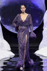 Chiffon Evening Gown with Silver Sequin Stripes, Deep V-Neck, Feathered Cuffs, and Front Slit
