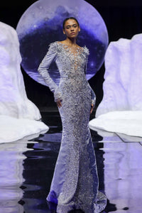 Velvet Gown with Silver Beaded Embroidery, Long Sleeves andSheer Illusion Neckline.