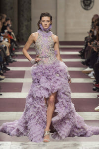 High-Low Ruffled Tulle Gown with Ruffled Neckline