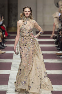 Nude Gown with Multicolored Beading and High Neck Bow
