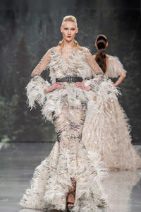 Feathered Sequin Mermaid Gown with Long Sleeves and Black Waist Belt