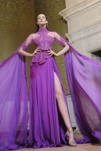 High Neck Embellished Bodice Gown with Flowing Sheer Cape Sleeves and Thigh Slit