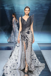 Sleeveless Embroidered Mermaid Gown with High Slit and Textured Bodice
