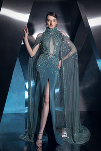 Her Trove-Crepe Embroidery Dress With Beaded Cape