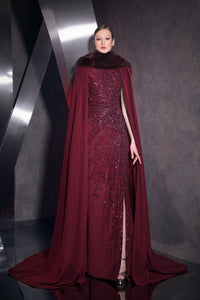 Her Trove-Cape Sleeves Crepe Embroidered Gown