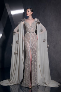 Her Trove-Cape Sleeves Muslin Beaded Dress