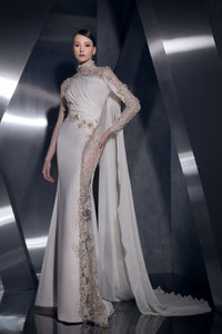 Her Trove-Crepe Embroidered Dress With Long Cape