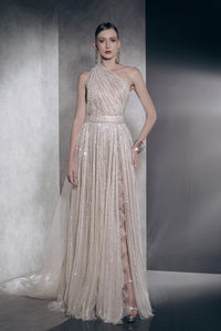 Fully beaded one shoulder dress with slit