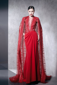 HerTrove-Crepe beaded dress with embroidered cape