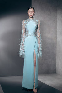 HerTrove-High slit crepe dress with feathers