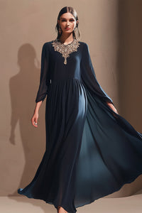 Embellished High-Neck Gown with Sheer Sleeves Navy / FR 52