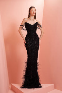 Fully beaded dress with feathered skirt hem  HERTROVE