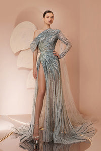Her Trove-Asymmetric neckline fully embroidered gown