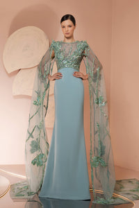 Her Trove-Cape sleeves embroidered crepe dress