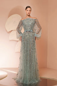Her Trove-Puff sleeves off shoulder beaded gown