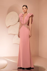 Her Trove-Puffed shoulders crepe dress with embroidery
