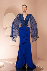 Her Trove-Long wide sleeves emboidered crepe dress