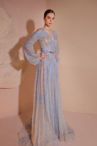 Puff long sleeve beaded dress Blue / FR 46 Puff long sleeve beaded dress Blue / FR 46