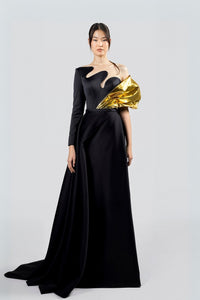 asymmetric a line dress Neckline pleated bodice