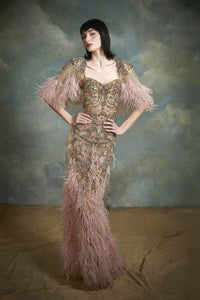 marchesa beaded dress column gown with ostrich feather embroiderey and cape Chest:112 and socialize with ease closet_106873 Women's Shape Black Halter