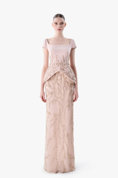Gattinolli by Marwan Embroidered Peplum Formal Evening Gown