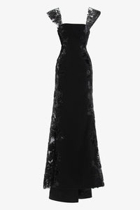 black side panel dress Fitted Crepe with Velvet Panels – HERTROVE silhouette:Bodycon Top-notch Belly Birthday Dress SIZE:2 (M) The center back zipper