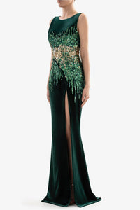 high slit velvet dress with embroidery velvet gown design