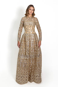 gold geometric sequin dress Maison Murad A-line Long Sleeves Evening st-midi-dresses