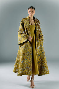 Midi crepe dress with Embroidered brocade jacket Green / Custom