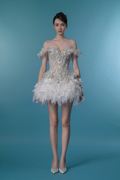corset dress with feather skirt Off-shoulder crystal mini ostrich – HERTROVE #reyes-flats-dusty-blue-suede Corset Crystals Lace Midi Red Color:Same as picture