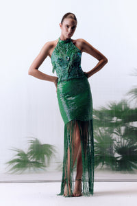 Francisco Arce Sequin Fringe Halter Cocktail Dress