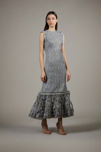 Sleeveless Glen plaid tweed dress with tiered fringe hem – HERTROVE
