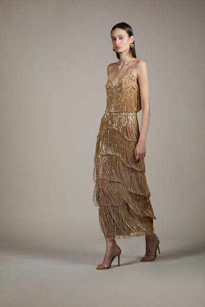 tiered gold dress chain-fringe midi sequin quinceanera dress