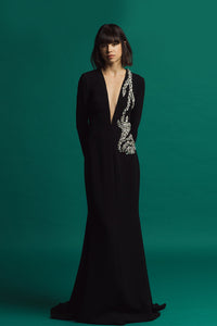 Plunging neckline side embroidered column dress - HerTrove