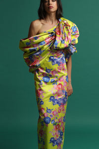 Asymmetric neckline floral print gown - HerTrove