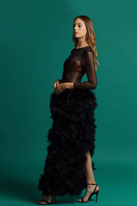 Semi sheer bodice fully feathered dress - HerTrove